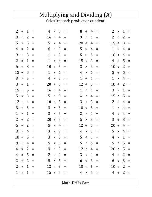 The 100 Horizontal Multiplication/Division Questions (Facts 1 to 5) (A) Math Worksheet