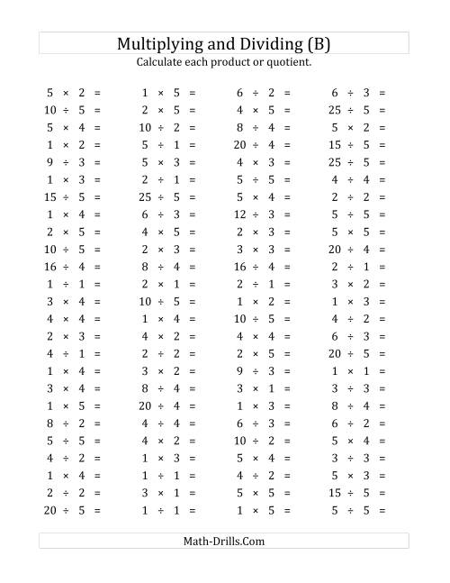 The 100 Horizontal Multiplication/Division Questions (Facts 1 to 5) (B) Math Worksheet