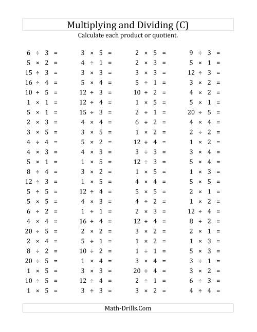 The 100 Horizontal Multiplication/Division Questions (Facts 1 to 5) (C) Math Worksheet
