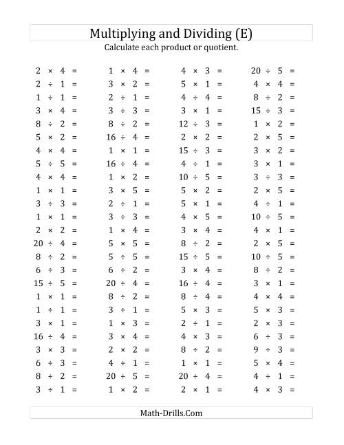 The 100 Horizontal Multiplication/Division Questions (Facts 1 to 5) (E) Math Worksheet