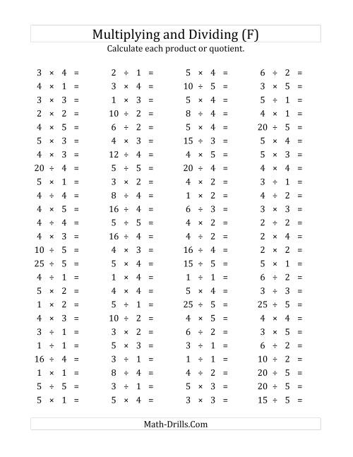 The 100 Horizontal Multiplication/Division Questions (Facts 1 to 5) (F) Math Worksheet