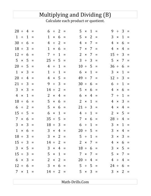 The 100 Horizontal Multiplication/Division Questions (Facts 1 to 7) (B) Math Worksheet