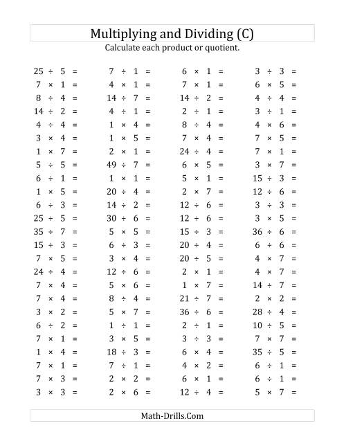 The 100 Horizontal Multiplication/Division Questions (Facts 1 to 7) (C) Math Worksheet