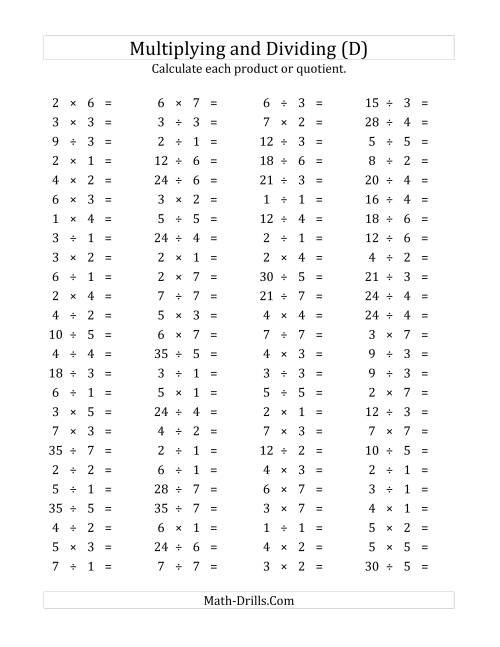 The 100 Horizontal Multiplication/Division Questions (Facts 1 to 7) (D) Math Worksheet