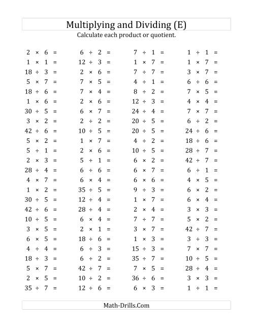 The 100 Horizontal Multiplication/Division Questions (Facts 1 to 7) (E) Math Worksheet
