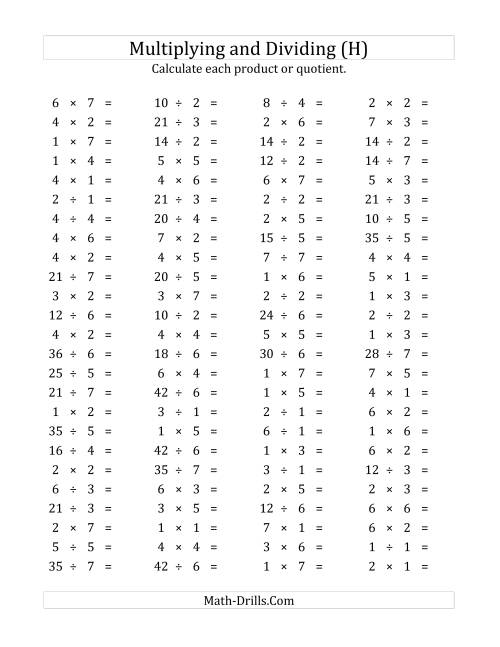 The 100 Horizontal Multiplication/Division Questions (Facts 1 to 7) (H) Math Worksheet