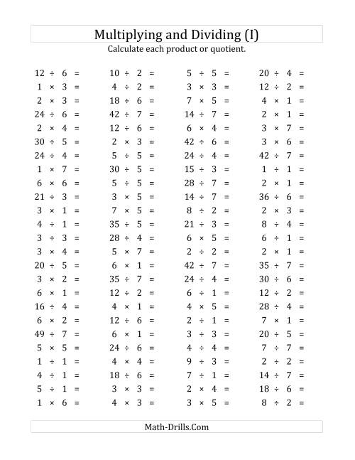 The 100 Horizontal Multiplication/Division Questions (Facts 1 to 7) (I) Math Worksheet