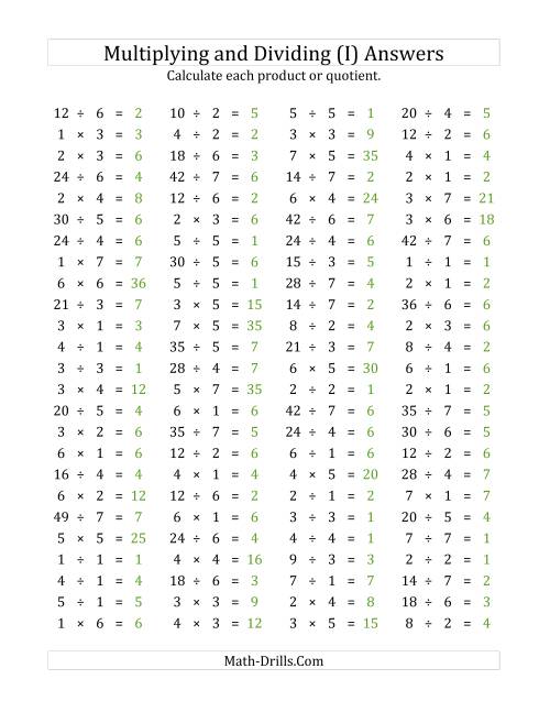 The 100 Horizontal Multiplication/Division Questions (Facts 1 to 7) (I) Math Worksheet Page 2