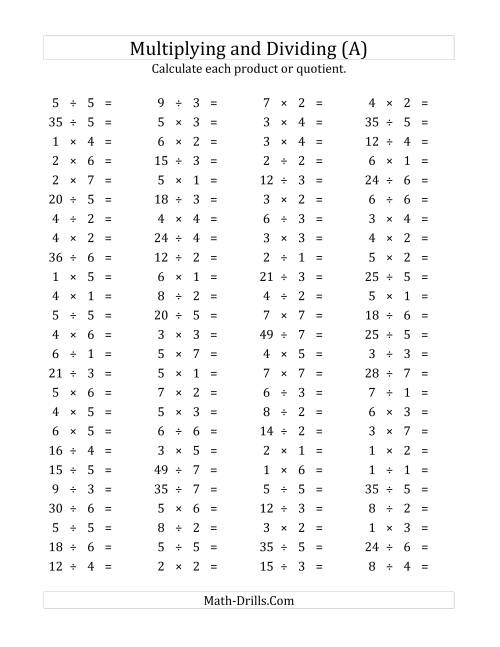 The 100 Horizontal Multiplication/Division Questions (Facts 1 to 7) (All) Math Worksheet