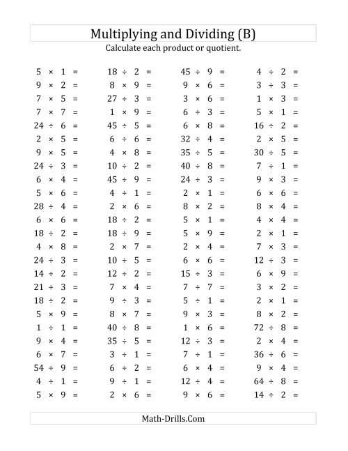 The 100 Horizontal Multiplication/Division Questions (Facts 1 to 9) (B) Math Worksheet