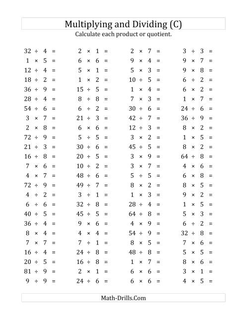 The 100 Horizontal Multiplication/Division Questions (Facts 1 to 9) (C) Math Worksheet