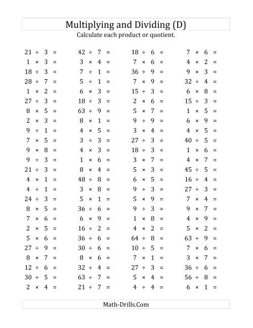 The 100 Horizontal Multiplication/Division Questions (Facts 1 to 9) (D) Math Worksheet