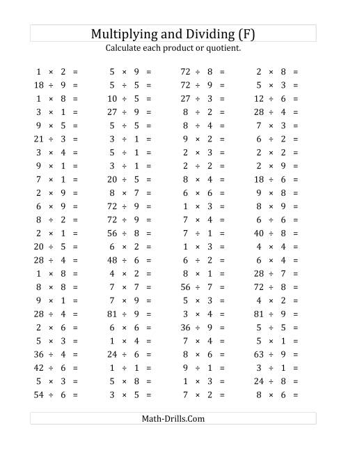 The 100 Horizontal Multiplication/Division Questions (Facts 1 to 9) (F) Math Worksheet