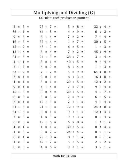 The 100 Horizontal Multiplication/Division Questions (Facts 1 to 9) (G) Math Worksheet