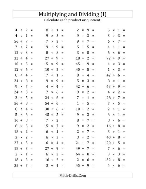 The 100 Horizontal Multiplication/Division Questions (Facts 1 to 9) (I) Math Worksheet