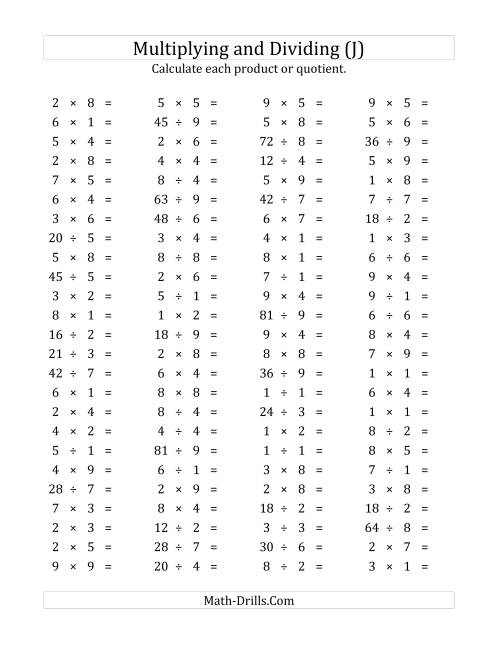 The 100 Horizontal Multiplication/Division Questions (Facts 1 to 9) (J) Math Worksheet