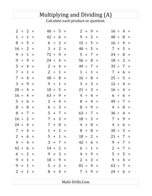 The 100 Horizontal Multiplication/Division Questions (Facts 1 to 9) (All) Math Worksheet