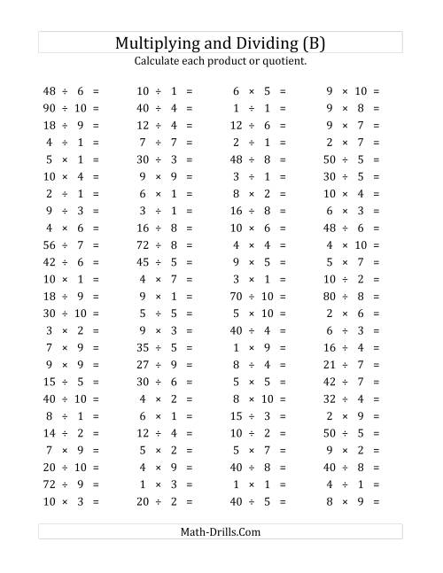 The 100 Horizontal Multiplication/Division Questions (Facts 1 to 10) (B) Math Worksheet