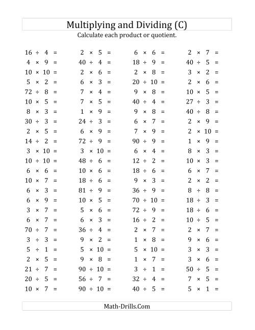 The 100 Horizontal Multiplication/Division Questions (Facts 1 to 10) (C) Math Worksheet