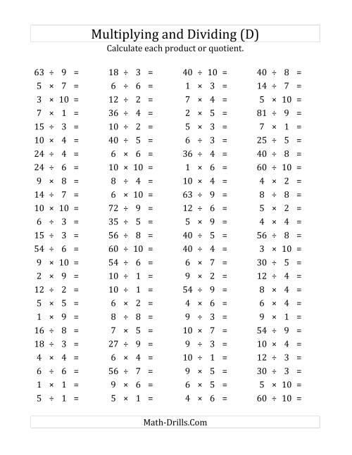 The 100 Horizontal Multiplication/Division Questions (Facts 1 to 10) (D) Math Worksheet