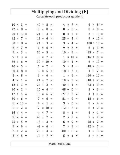 The 100 Horizontal Multiplication/Division Questions (Facts 1 to 10) (E) Math Worksheet