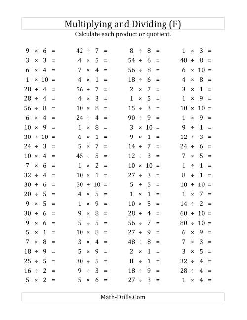 The 100 Horizontal Multiplication/Division Questions (Facts 1 to 10) (F) Math Worksheet