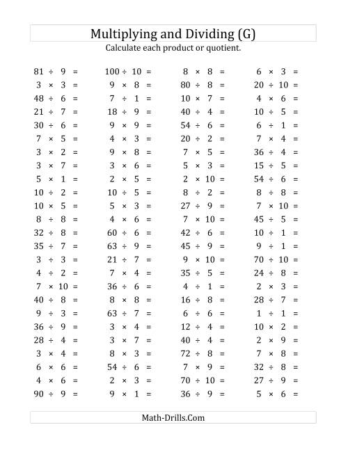 The 100 Horizontal Multiplication/Division Questions (Facts 1 to 10) (G) Math Worksheet