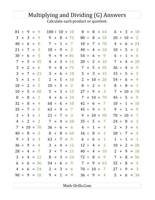 The 100 Horizontal Multiplication/Division Questions (Facts 1 to 10) (G) Math Worksheet Page 2