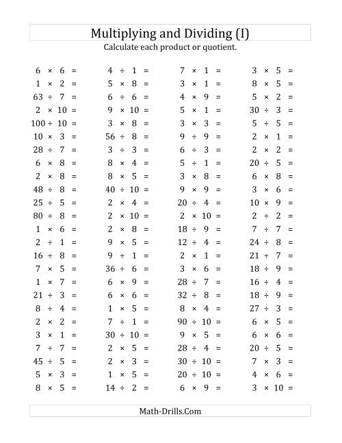 The 100 Horizontal Multiplication/Division Questions (Facts 1 to 10) (I) Math Worksheet