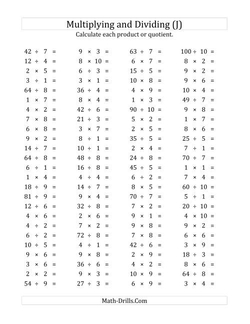 The 100 Horizontal Multiplication/Division Questions (Facts 1 to 10) (J) Math Worksheet