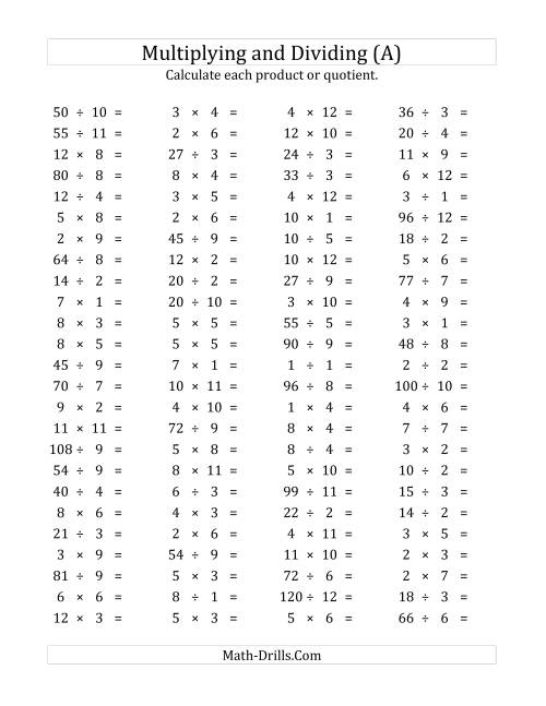 The 100 Horizontal Multiplication/Division Questions (Facts 1 to 12) (A) Math Worksheet