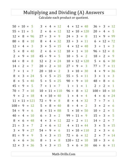 The 100 Horizontal Multiplication/Division Questions (Facts 1 to 12) (A) Math Worksheet Page 2