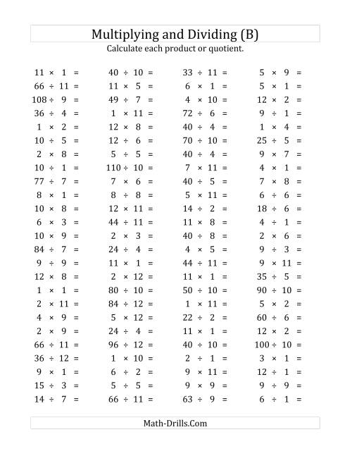 The 100 Horizontal Multiplication/Division Questions (Facts 1 to 12) (B) Math Worksheet
