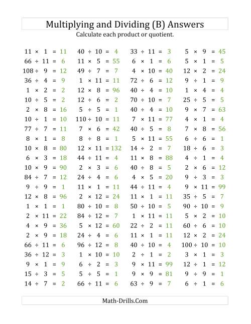 The 100 Horizontal Multiplication/Division Questions (Facts 1 to 12) (B) Math Worksheet Page 2