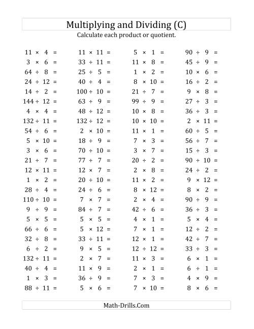 The 100 Horizontal Multiplication/Division Questions (Facts 1 to 12) (C) Math Worksheet