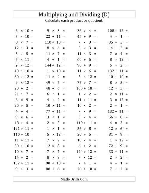 The 100 Horizontal Multiplication/Division Questions (Facts 1 to 12) (D) Math Worksheet