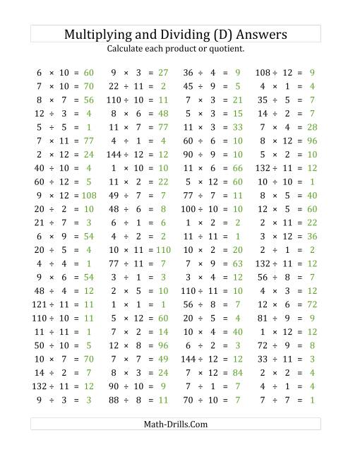 The 100 Horizontal Multiplication/Division Questions (Facts 1 to 12) (D) Math Worksheet Page 2