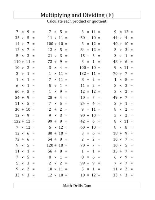 The 100 Horizontal Multiplication/Division Questions (Facts 1 to 12) (F) Math Worksheet