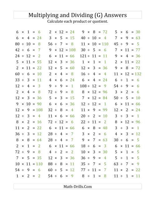 The 100 Horizontal Multiplication/Division Questions (Facts 1 to 12) (G) Math Worksheet Page 2