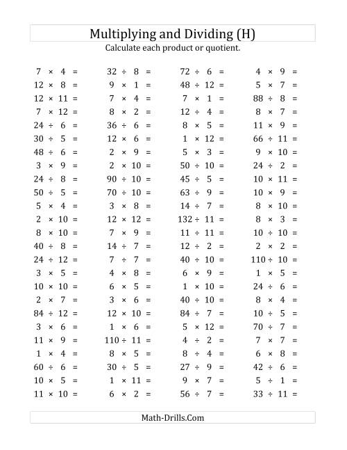 The 100 Horizontal Multiplication/Division Questions (Facts 1 to 12) (H) Math Worksheet