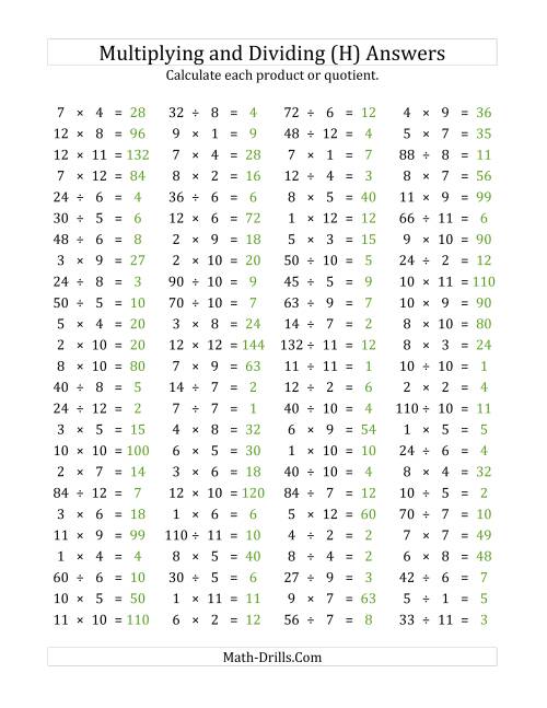 The 100 Horizontal Multiplication/Division Questions (Facts 1 to 12) (H) Math Worksheet Page 2