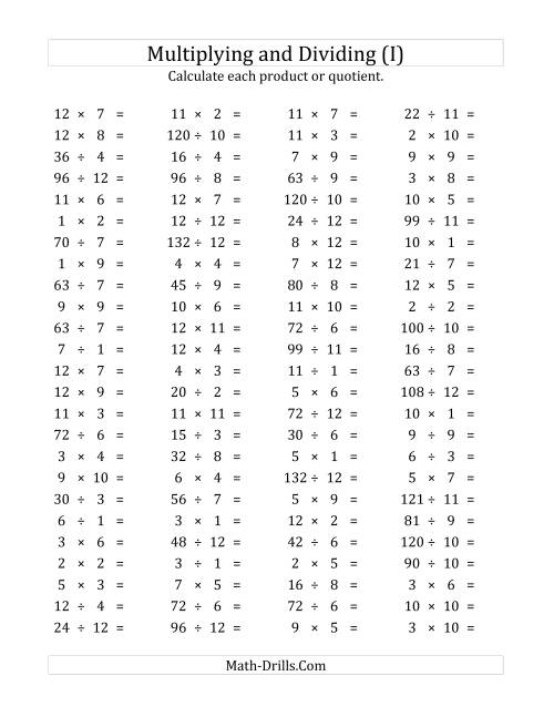 The 100 Horizontal Multiplication/Division Questions (Facts 1 to 12) (I) Math Worksheet
