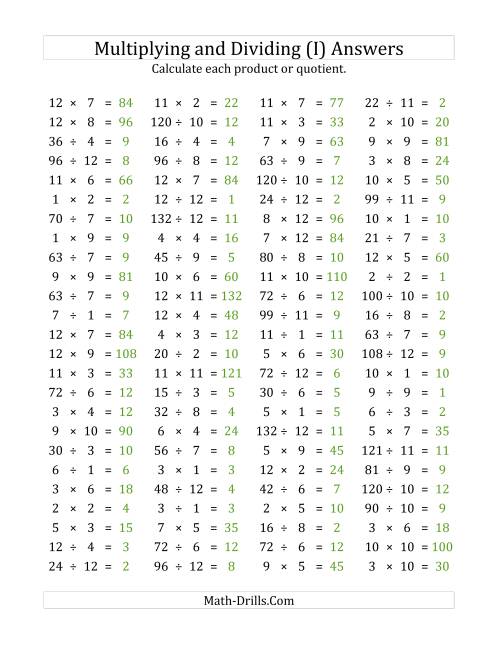 The 100 Horizontal Multiplication/Division Questions (Facts 1 to 12) (I) Math Worksheet Page 2