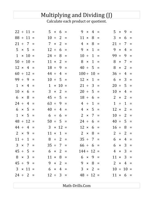 The 100 Horizontal Multiplication/Division Questions (Facts 1 to 12) (J) Math Worksheet