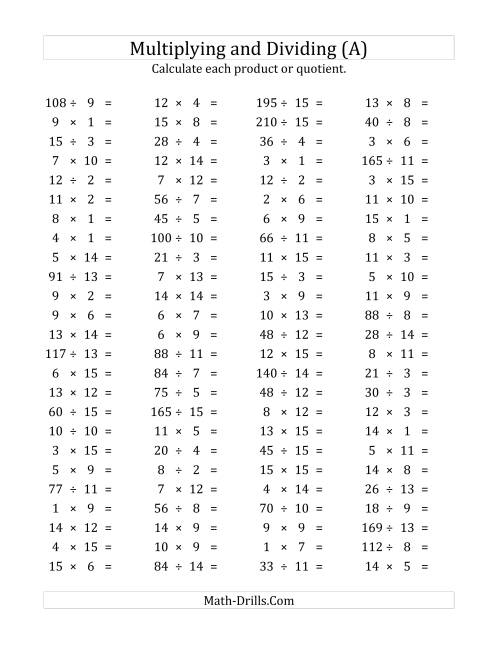 The 100 Horizontal Multiplication/Division Questions (Facts 1 to 15) (A) Math Worksheet