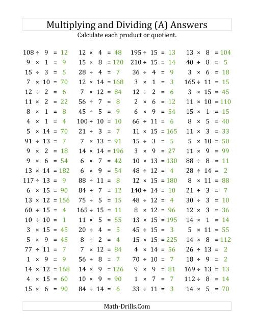 The 100 Horizontal Multiplication/Division Questions (Facts 1 to 15) (A) Math Worksheet Page 2