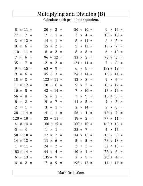 The 100 Horizontal Multiplication/Division Questions (Facts 1 to 15) (B) Math Worksheet