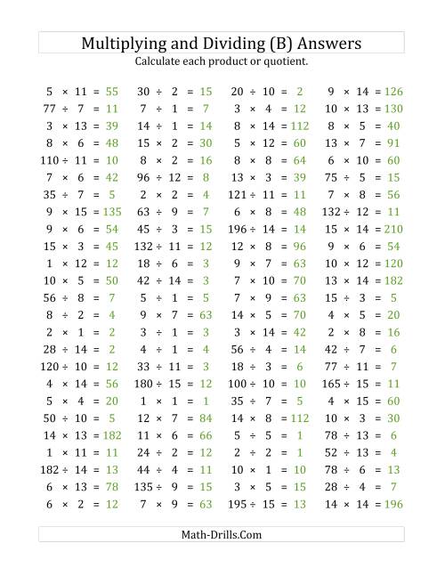 The 100 Horizontal Multiplication/Division Questions (Facts 1 to 15) (B) Math Worksheet Page 2