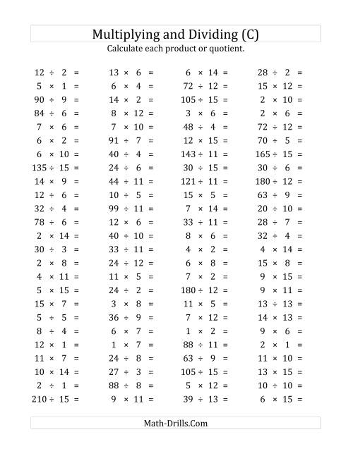 The 100 Horizontal Multiplication/Division Questions (Facts 1 to 15) (C) Math Worksheet