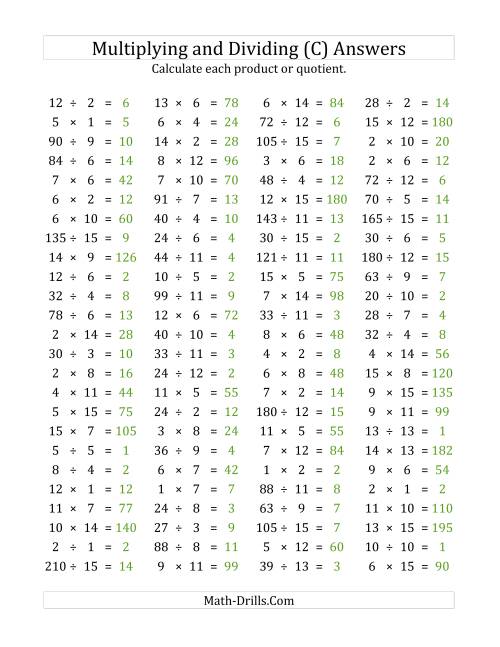 The 100 Horizontal Multiplication/Division Questions (Facts 1 to 15) (C) Math Worksheet Page 2